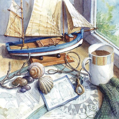 Serviette papier scène bord de mer carte bateau boussole