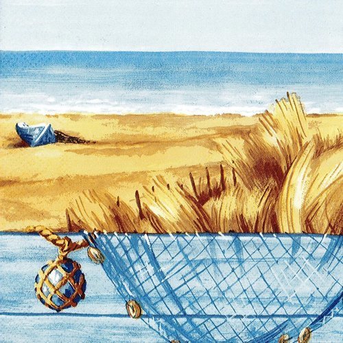 Serviette papier filet de pêche posé sur la barque dans les dunes de sable