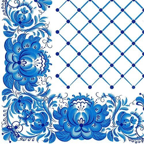 Serviette papier bordure fleurs bleues style delf centre quadrillage bleu