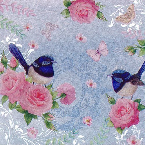 Serviette papier oiseau sur rose décor shabby chic bleu