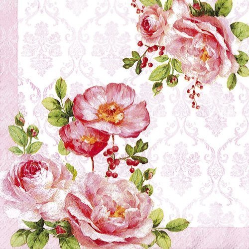 Serviette papier tissus damassé décoré de rose eglantine