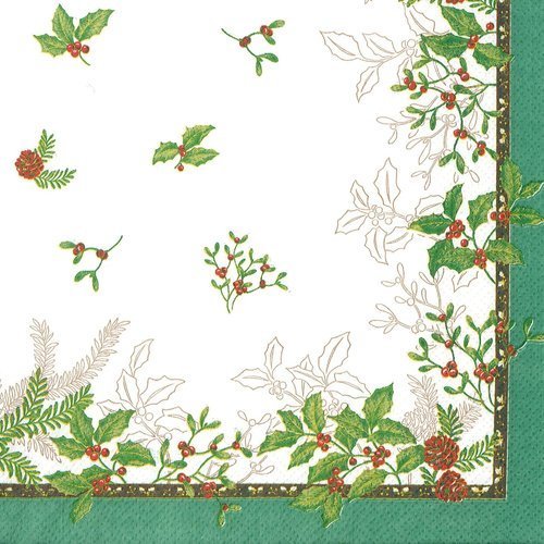 Serviette papier noel bordure décor de houx et petite pomme de pin