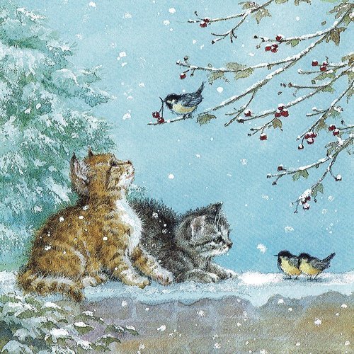 Serviette papier petit chat et les mésanges dans la neige