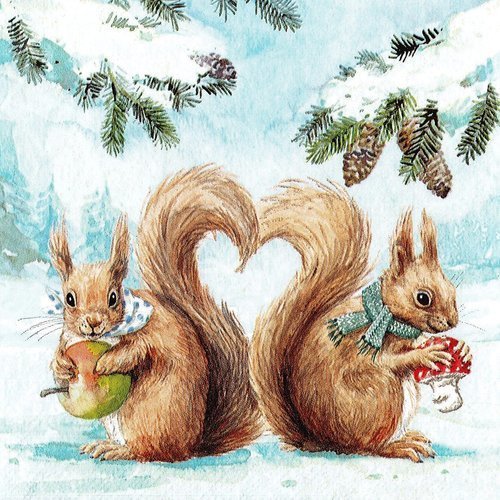 Serviette papier coeur amour d'ecureuil dans la neige noel pomme champignon