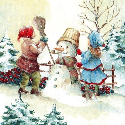 Serviette papier les enfants et le bonhomme de neige dans le jardin