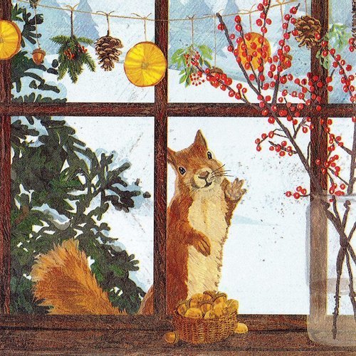 Serviette papier ecureuil à la fenêtre guettant les noisettes veillée de noel