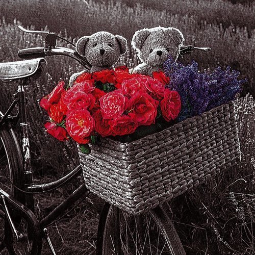 Serviette papier les ours en ballade à vélo dans la campagne panier de roses rouge et lavande