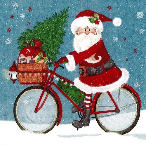Serviette papier le père noel distribue ses cadeaux en vélo