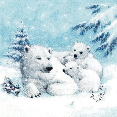 Serviette papier famille ours et oursons dans la neige sapin
