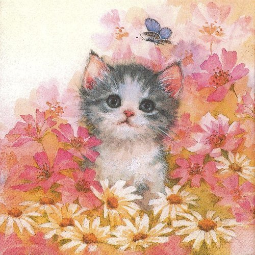 Serviette petit chat dans les fleurs pastel marguerite