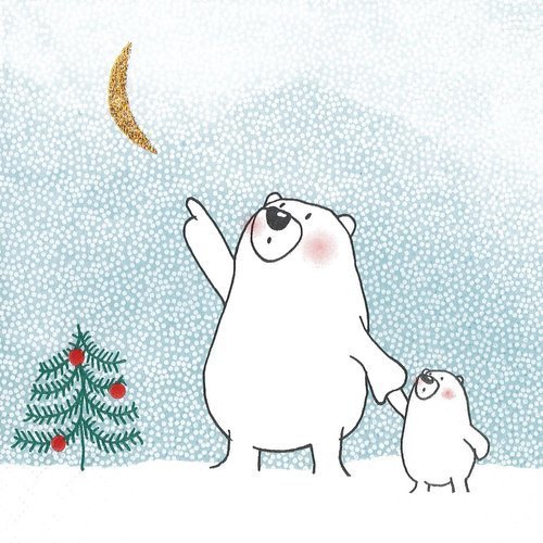Serviette papier petit ours regarde la lune dorée neige sapin de noel
