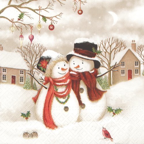 Serviette papier madame et monsieur bonhomme de neige dans le village