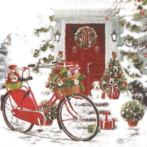 Serviette la distritution des cadeaux en vélo jardin de neige