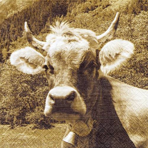 Serviette portrait sephia de vache avec sa cloche 