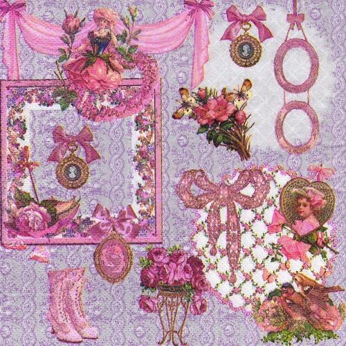 Serviette papier tableau rétro romantique rose noeud médaillon 