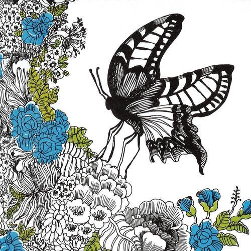 Serviette papillon noir et blanc sur fleurs bleues et vertes 