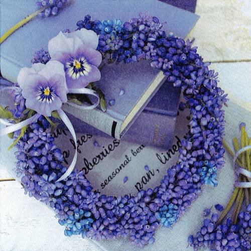 Serviette couronne de fleurs violette livre et pensées 
