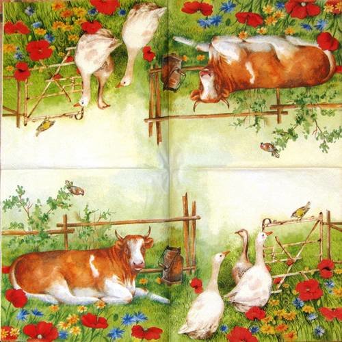 Serviette a la ferme vache et oie dans le pré coquelicot et bleuet