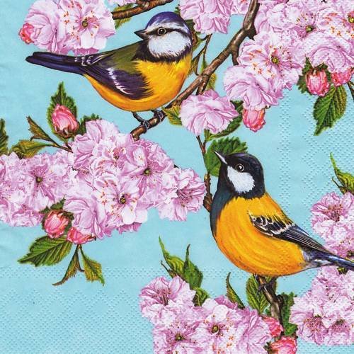 Serviette petits oiseaux dans les fleurs de cerisiers 