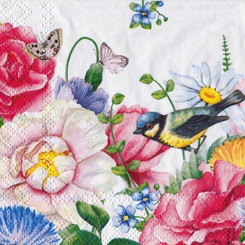 Petite serviette 25x25 mésange et papillons dans les fleurs 