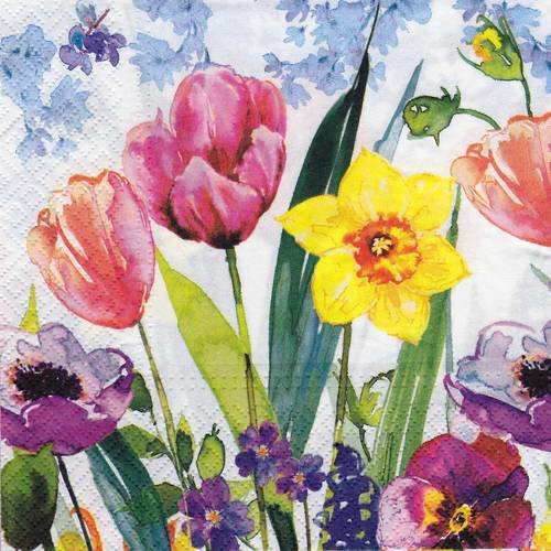 Serviette tulipes et jonquille petites fleurs bleues