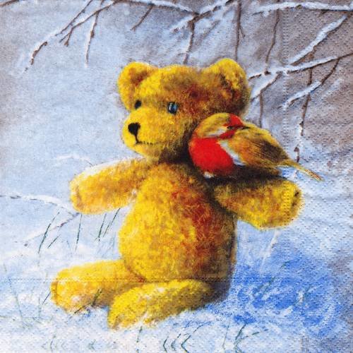 Serviette petit ours et rouge gorge dans la neige 
