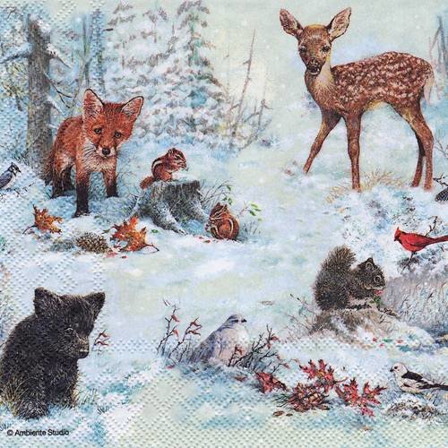 Serviette les petits amis de la foret dans la neige petit ours renard  ecureuil faon - Un grand marché