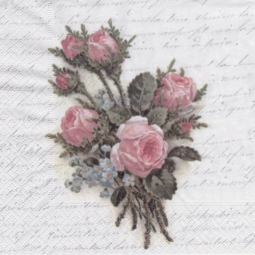 Serviette rétro bouquet de rose et myosotis sur fond de poeme 