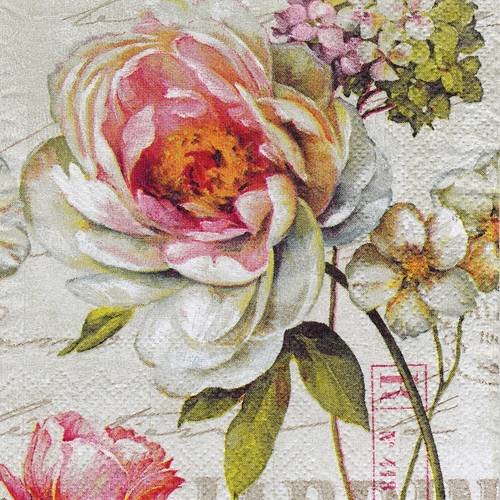 Petite serviette 25x25 rose ancienne et hortensia sur fond ancien 