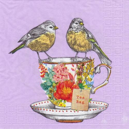 Serviette oiseau prenant le thé tasse fleurie so romantique