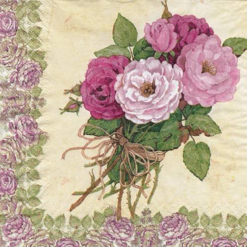 Serviette bouquet de fleurs hortensia lilas roses bordure roses anciennes