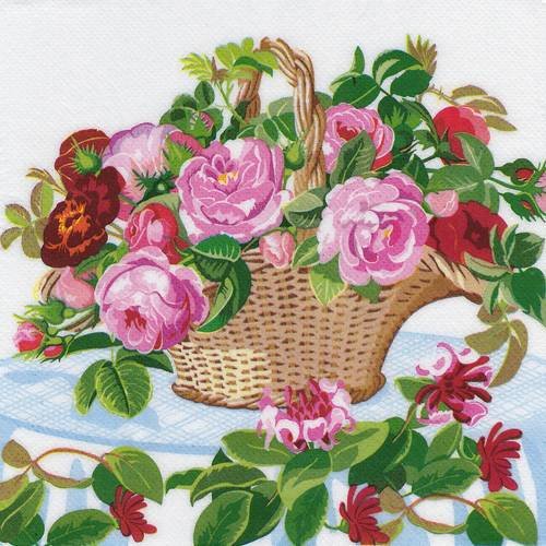 Serviette panier de roses et chevrefeuille 