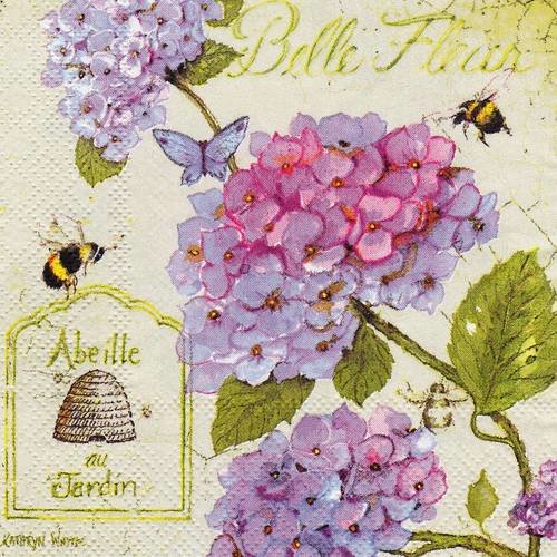 Petite serviette 25x25 hortensia et abeilles au jardin 