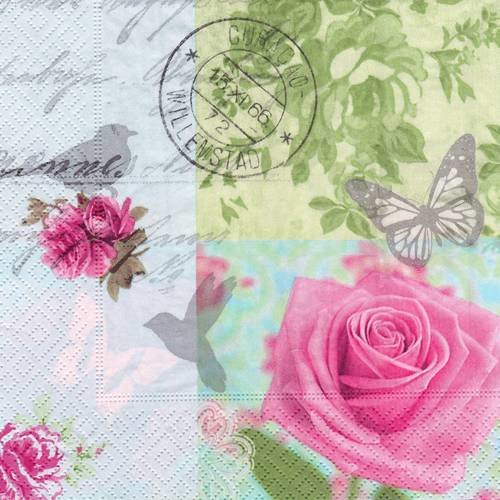 Serviette patchwork rose et petit oiseau papillon