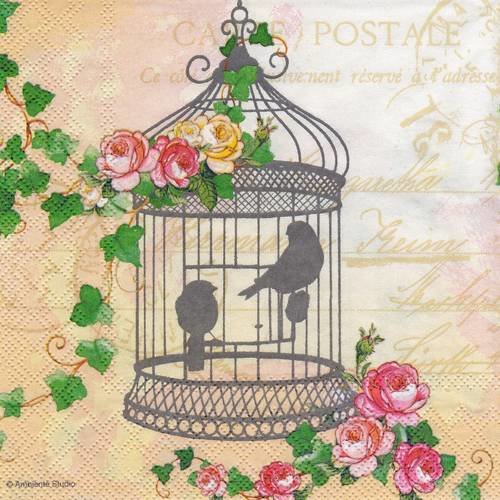 Serviette silhouette oiseau dans la cage fleurie de roses et lierre