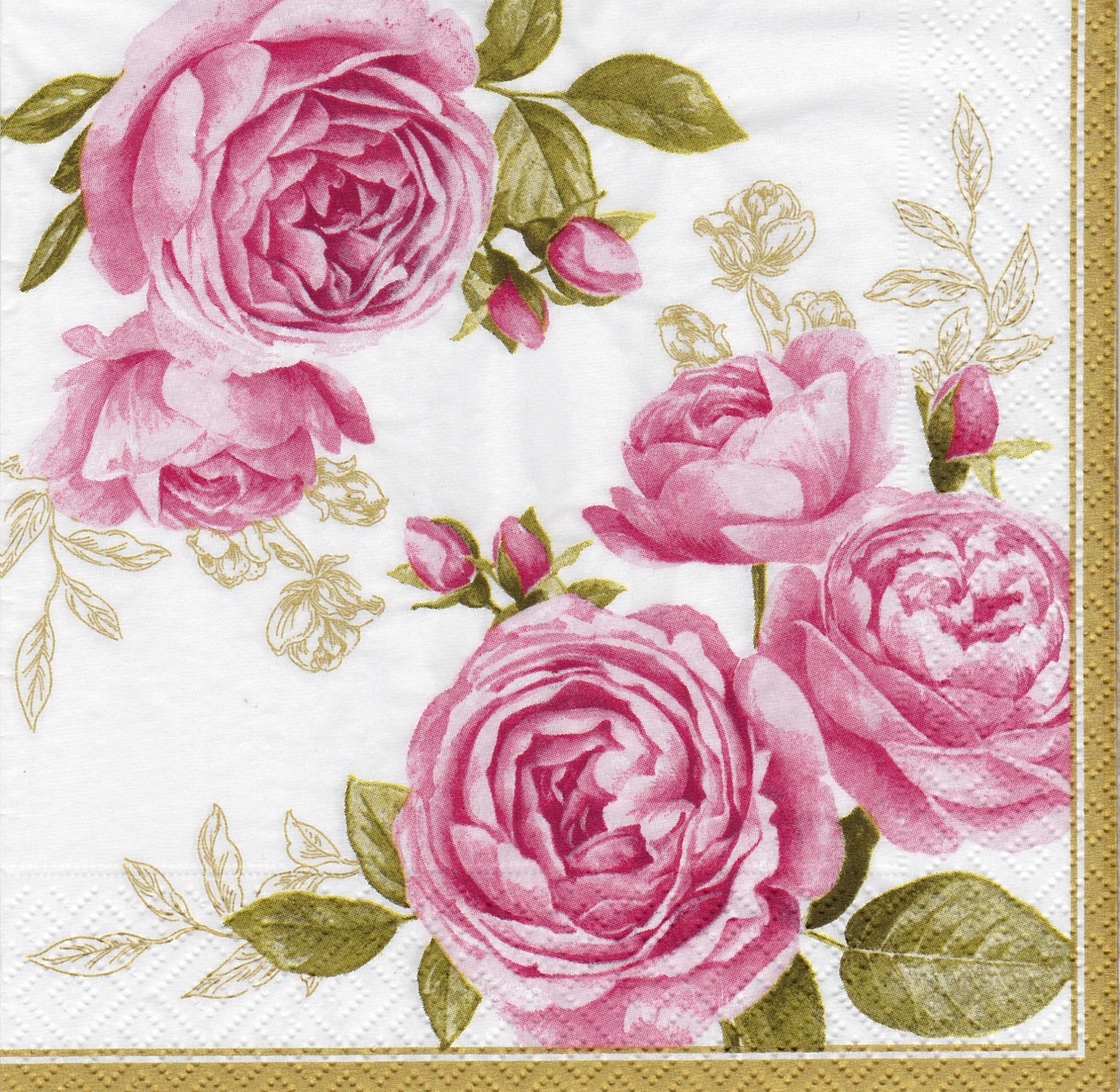 Serviette papier rose et bouton de rose bordure dorée - Un grand marché