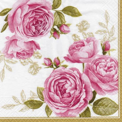 Serviette papier rose et bouton de rose bordure dorée