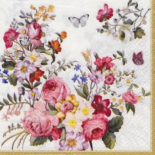 Serviette papier bouquet romantique de rose et d'eglantine papillon
