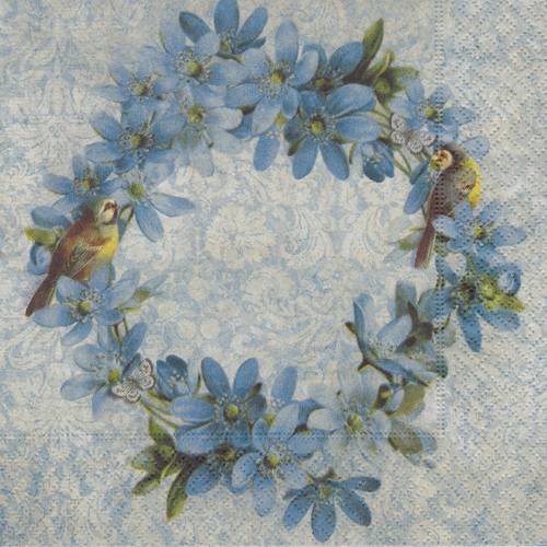 Serviette couronne de fleurs bleuesv avec oiseau 