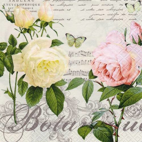 Serviette papier rose botanique blanche et rose petites notes de musique