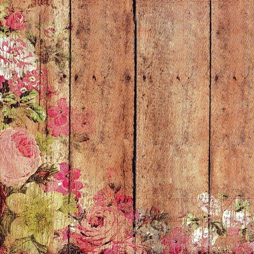 Serviette bordure de petites roses sur tableau bois cérusé