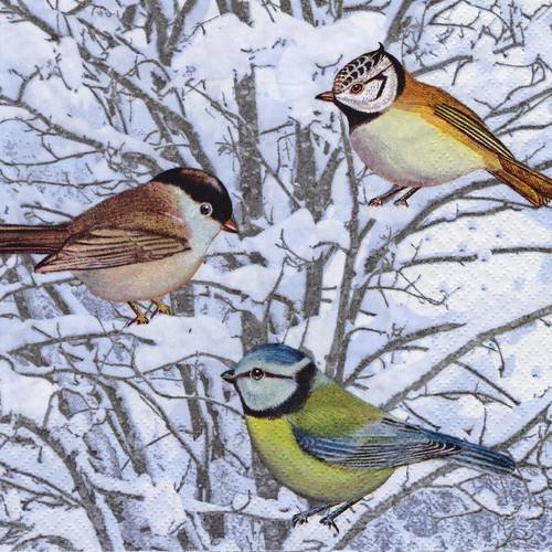 Serviette petits oiseaux sur les branches dans la neige 