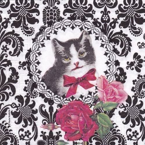 Serviette portrait de chat en médaillon avec roses 