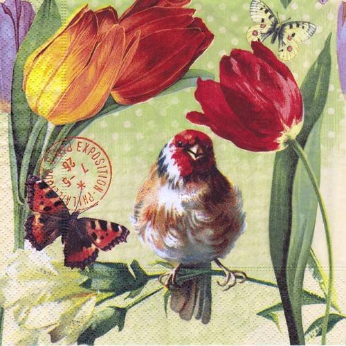 Serviette oiseau posé sur une branche avec tulipes et papillon