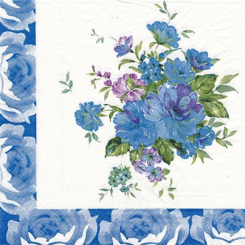 Serviette bouquet champêtre bordure de rose bleue 