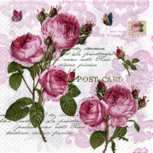 Serviette papier carte postale rose anglaise et papillon