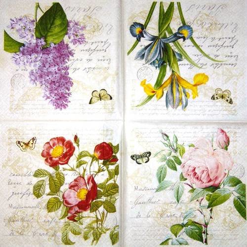 Serviette ronde de fleurs rose iris eglantine lilas et papillon lettre romantique