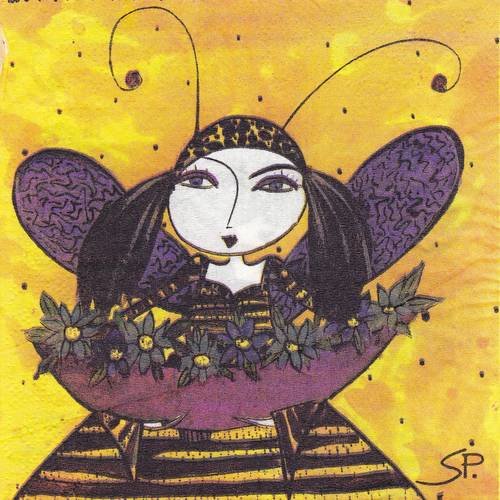 Serviette fée abeille fleurs violette 