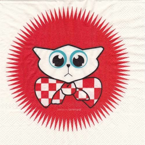 Serviette portrait de chat fond rouge avec noeud rouge 