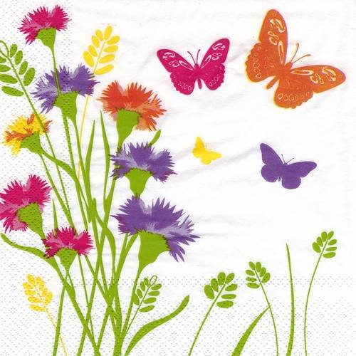 Serviette jolies fleurs naives et papillons 